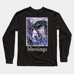 Angel and Kitten Lavender #1 - Quote - Blessings - White Outlined Version Long Sleeve T-Shirt
